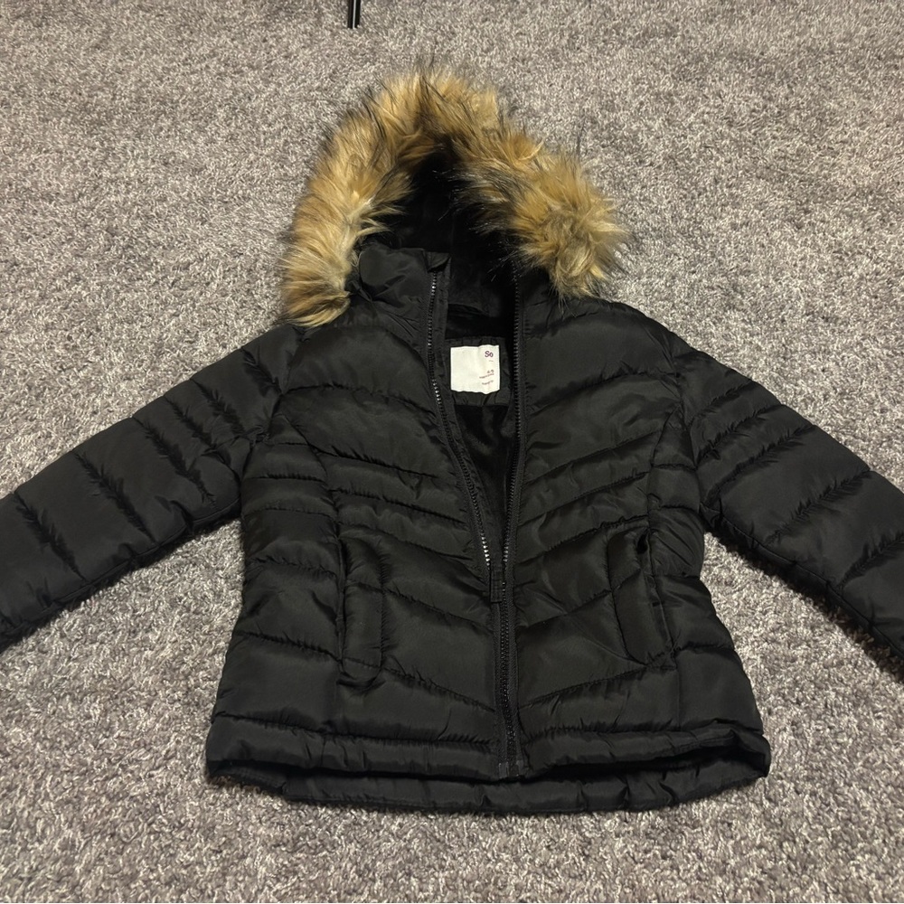 Black Puffer Jacket with Faux Fur Hood